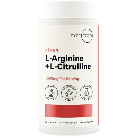 Type Zero L-Arginine + L-Citrulline Supplement (1500mg) 180 Capsules - Clean, Keto-Friendly, GMO-Free, 90 Servings