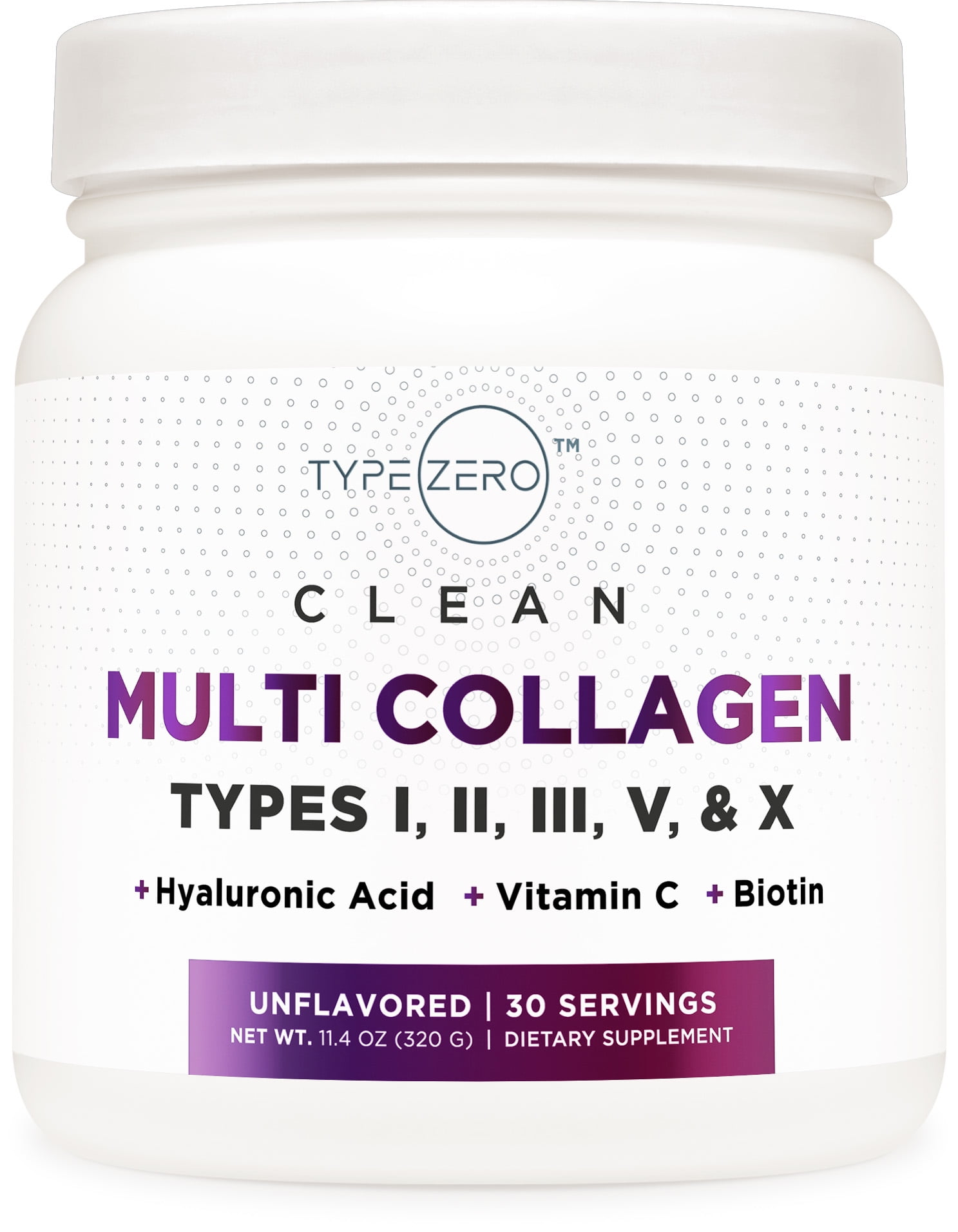 Type Zero Multi Collagen Powder 30 Servings - Types I, II, III, V, & X Collagen Peptides + Hyaluronic Acid, Vit C, Biotin