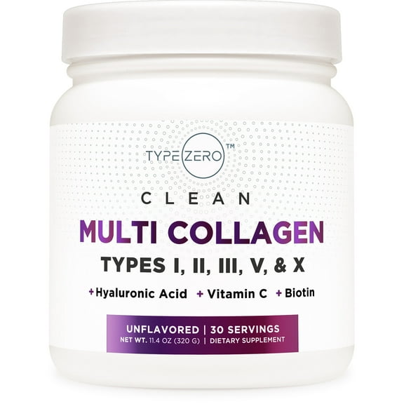 Type Zero Multi Collagen Powder 30 Servings - Types I, II, III, V, & X Collagen Peptides + Hyaluronic Acid, Vit C, Biotin