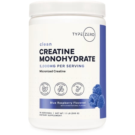 TypeZero Creatine Monohydrate Powder 500 Grams, Blue Raspberry Flavor - Gluten-Free