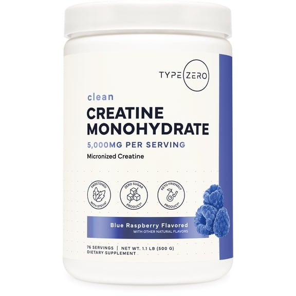 TypeZero Creatine Monohydrate Powder 500 Grams, Blue Raspberry Flavor - Gluten-Free
