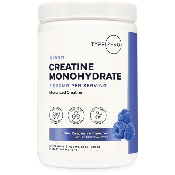 TypeZero Creatine Monohydrate Powder 500 Grams, Blue Raspberry Flavor - Gluten-Free