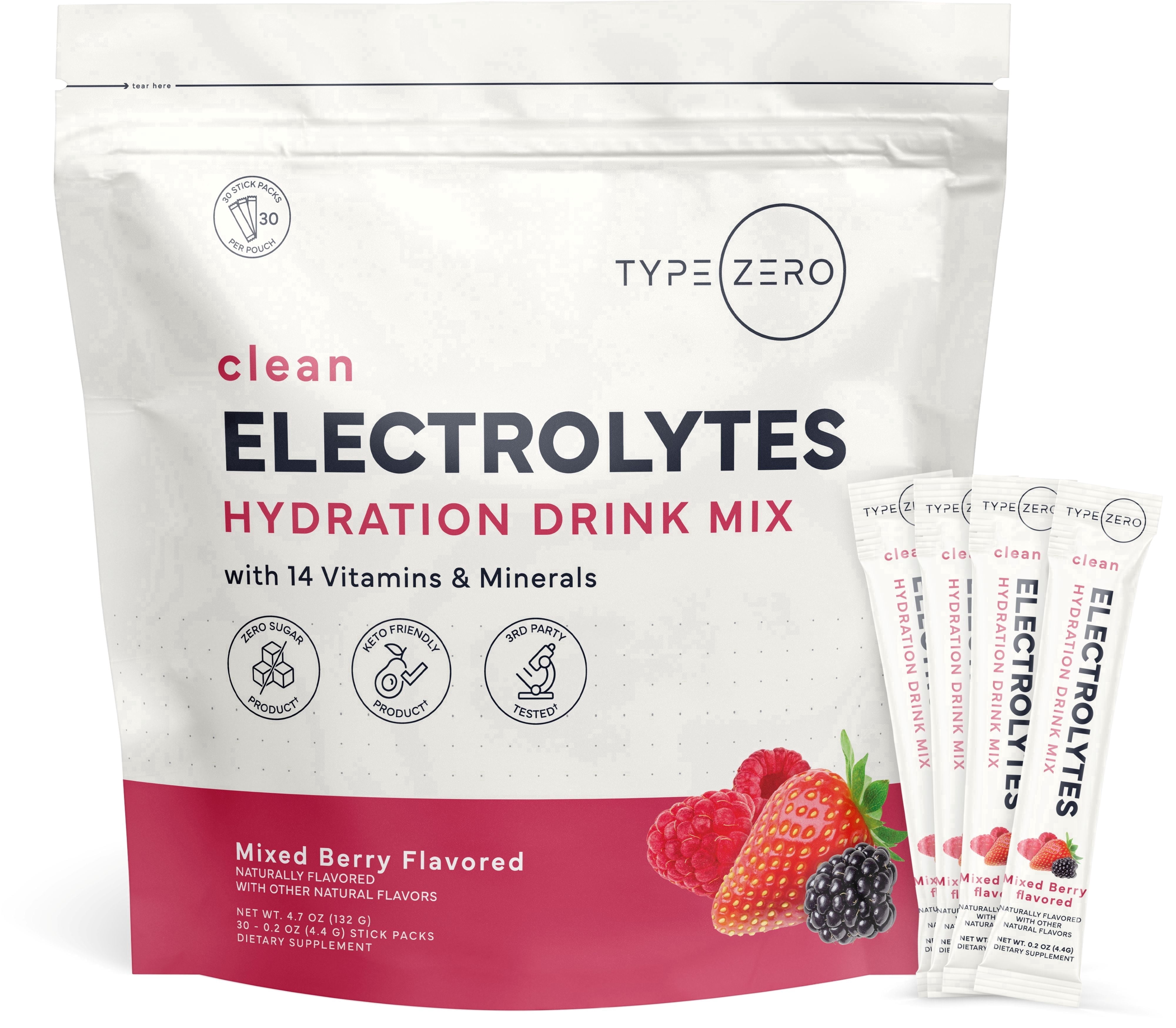 TypeZero Electrolyte Stick Packs (Mixed Berry) 30 Stick Packs - Hydration Drink Mix with 14 Vitamins & Minerals, Zero Sugar, Keto-Friendly, GMO-Free, Gluten-Free
