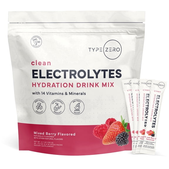 TypeZero Electrolyte Stick Packs (Mixed Berry) 30 Stick Packs - Hydration Drink Mix with 14 Vitamins & Minerals, Zero Sugar, Keto-Friendly, GMO-Free, Gluten-Free