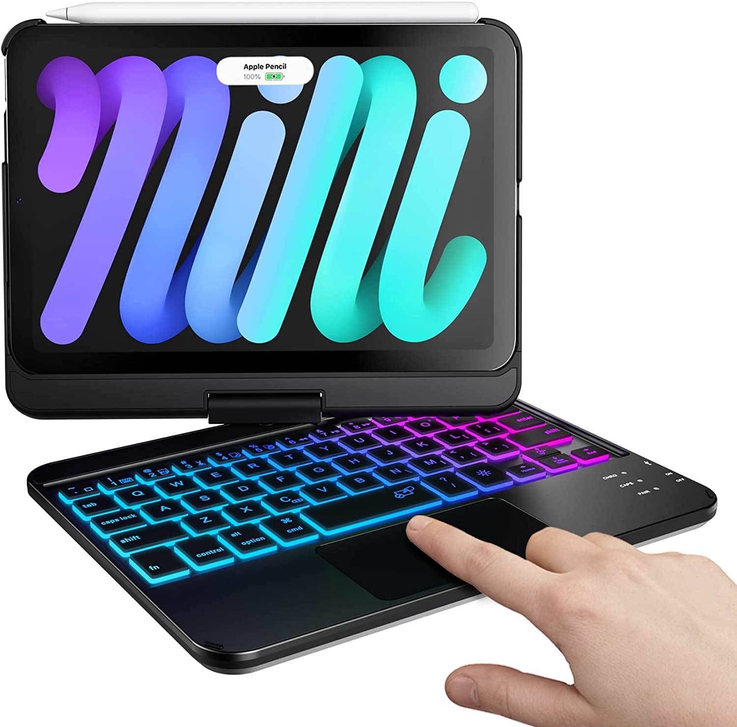 typecase Touch Keyboard Case for iPad Mini 8.3-inch 7th Gen(A17 Pro, 2024) & iPad Mini 6th Gen 2021, 11 Colors Backlit, 360 Rotating Protective Cover, Slim Wireless with Pencil Holder (Black)