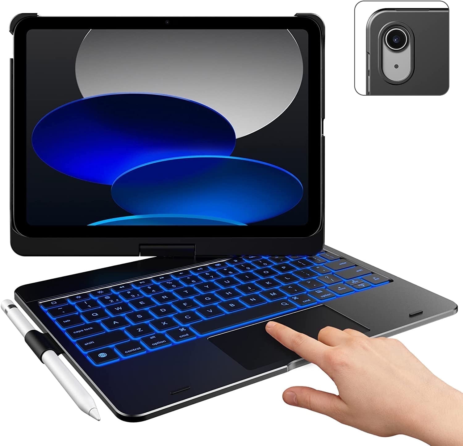 typecase Touch Case with Keyboard for iPad 11th(A16, 2025) & iPad 10th Gen(10.9", 2022), Trackpad, 11 Color Backlight, 360° Rotatable with Pencil Holder - Black