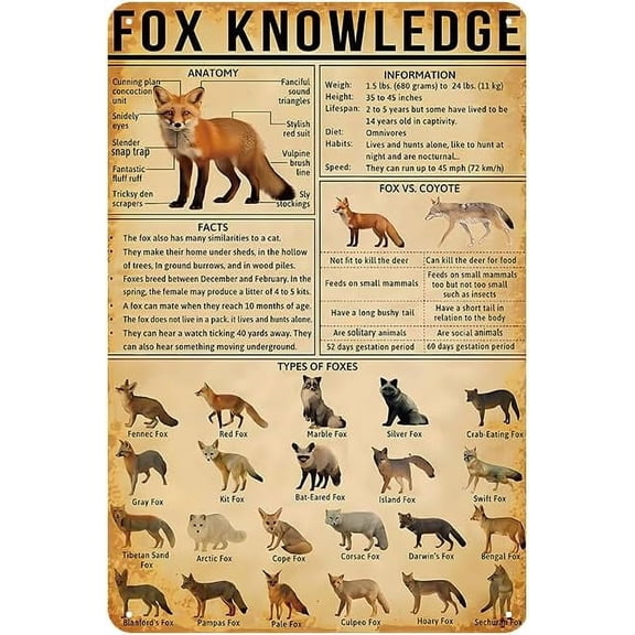 Types of Fox Metal Sign - Rustic Vintage Tin Sign, Hunting Decor Educational Poster for Home, Man Cave, and Farmhouse Wall Art Decor, Gifts for Snake Lover, 8 x 12 Inches