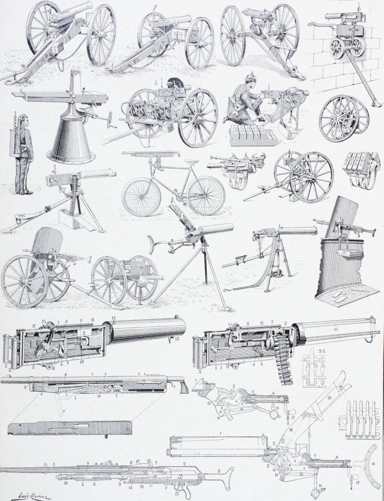 Types Of Machine Guns And Their Mechanisms Just Prior To The First World War From Enciclopedia Ilustrada Segu Canvas Art - Ken Welsh Design Pics (13 x 17)