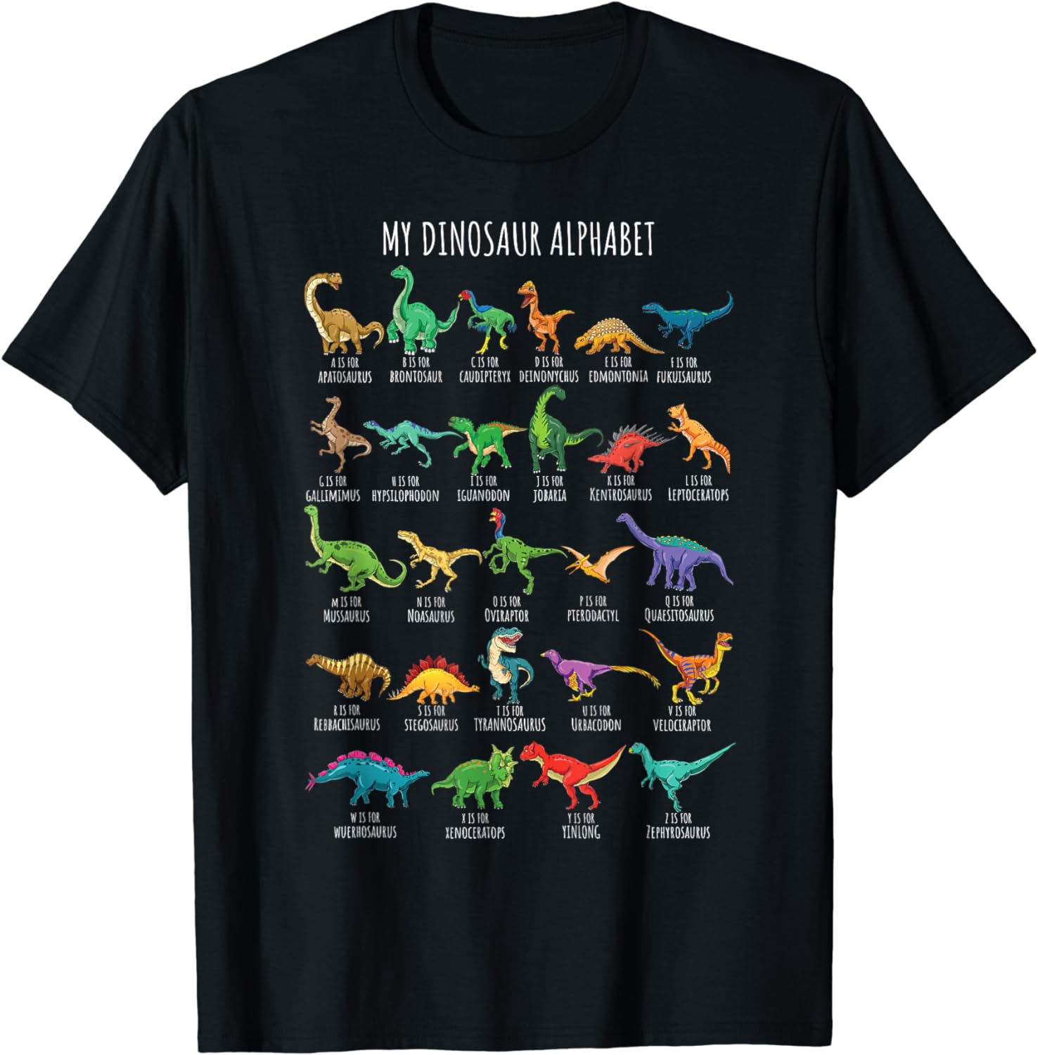 Types Of Dinosaurs Alphabet A Z ABC Dino Identification Cotton T Shirt 