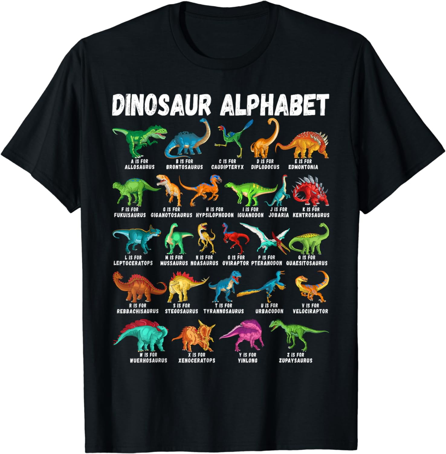 Types Of Dinosaurs Alphabet AZ ABC Dino Identification Cotton TShirt