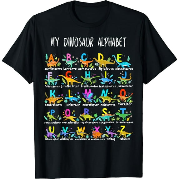 Types Of Dinosaurs Alphabet ABC Back To School Student Kids T-Shirt Black 2X-Large