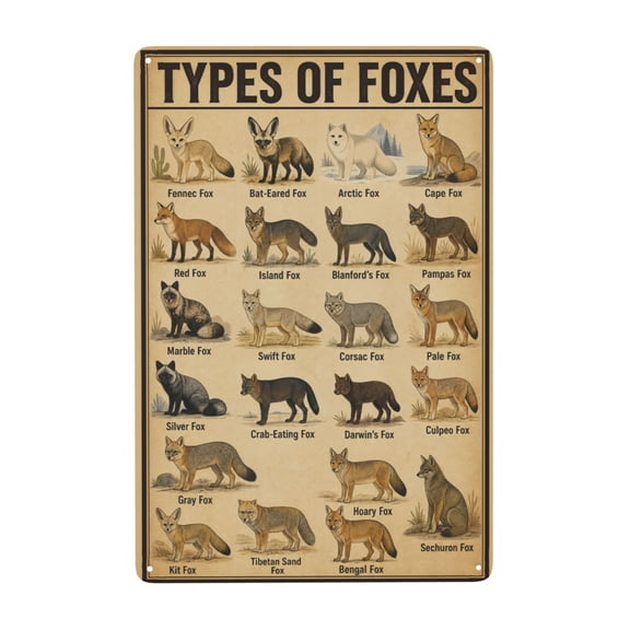 Types Of Foxes Chart Metal Tin Sign For Home Farmhouse And Cabin Wall Decor 8x12 Inch
