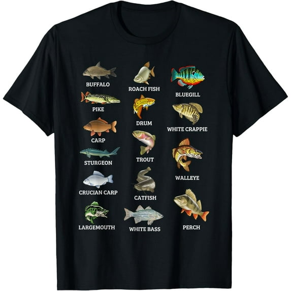 Types Of Freshwater Fish Species Fishing Fisherman Anglers T-ShirtMen and women, Black T-shirt, size: Extra large