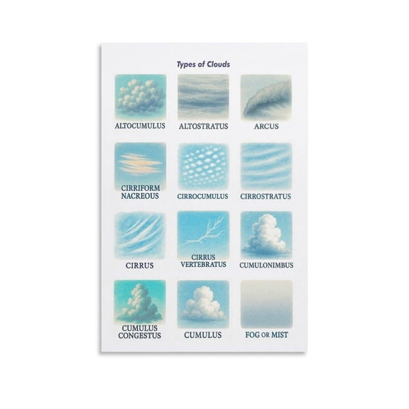Types of Clouds Chart Poser Cloud Identification Guide 5 Canvas for Living Room Bedroom Decor