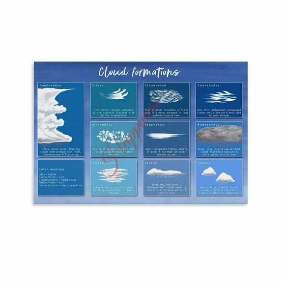Types of Clouds Identification Chart Poster Weather Science Educational Wall Art (4) Canvas for Living Room Bedroom Decor