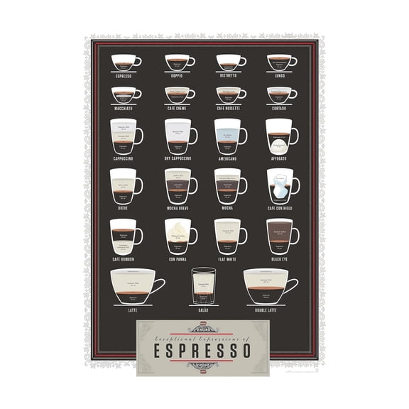 Types of Coffee Poster: Large Espresso and Cappuccino Chart, Coffee Shop Style Decor Infographic for Brewing Lovers, Cold Brew and Latte Art Guide