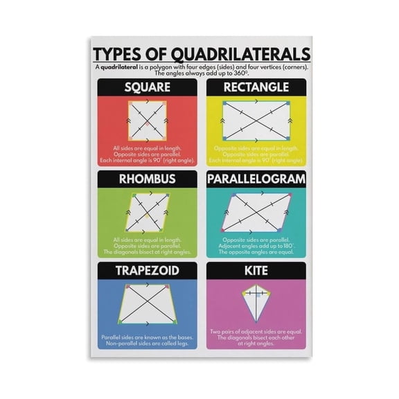 Types of Quadrilaterals Geometry Educational Poster Math Chart for Classroom Homeschool Learning Wall Art Decor
