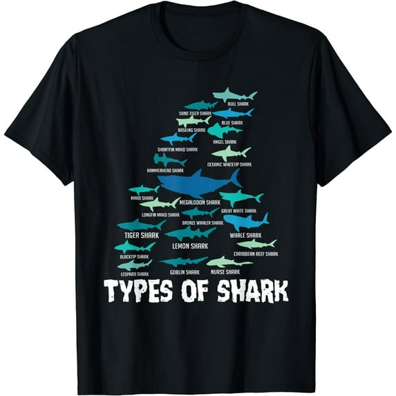 Types of Shark Megalodon Great White Nurse Shark T-Shirt