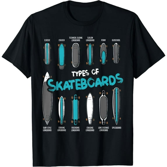 Types of Skateboards Retro Boy Girl Skateboard Gift T-Shirt Black 2X-Large