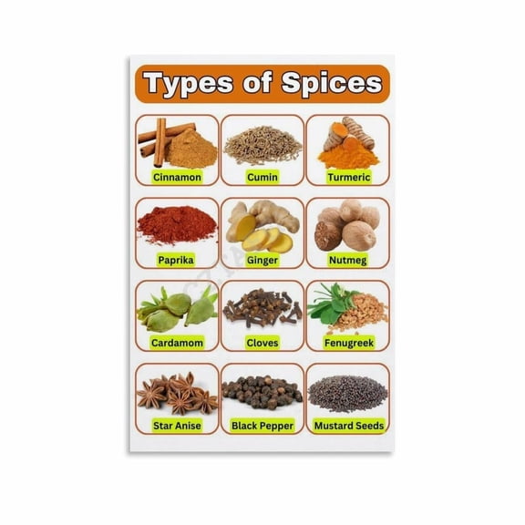 Types of Spices Poster Kitchen Cooking Guide Educational Wall Art (4) Canvas Painting Wall Art