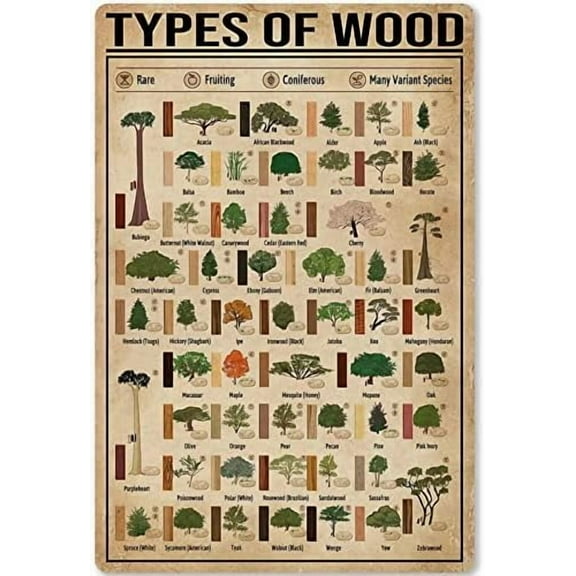 Types of Wood Metal Sign Woodworking Knowledge Infographic Wall Poster for School Flower Shop Bar Cafe Home Kitchen Plaque 12x8 Inches