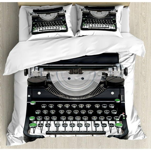 Typewriter Duvet Cover Set, Digitally Generated Illustration of Antique Device, Decorative 3 Piece Bedding Set with 2 Pillow Shams, Queen Size, Grey Fern Green, by Ambesonne