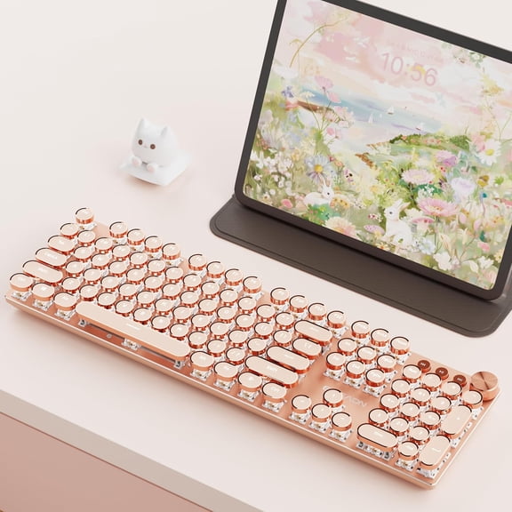 Typewriter Keyboard Wireless, 104 Keys Typewriter Style Mechanical with White Backlit, Media Knob, Pink Switch 2.4G/Bluetooth/USB-C Wired Retro Full Size Keyboard for Windows/Mac
