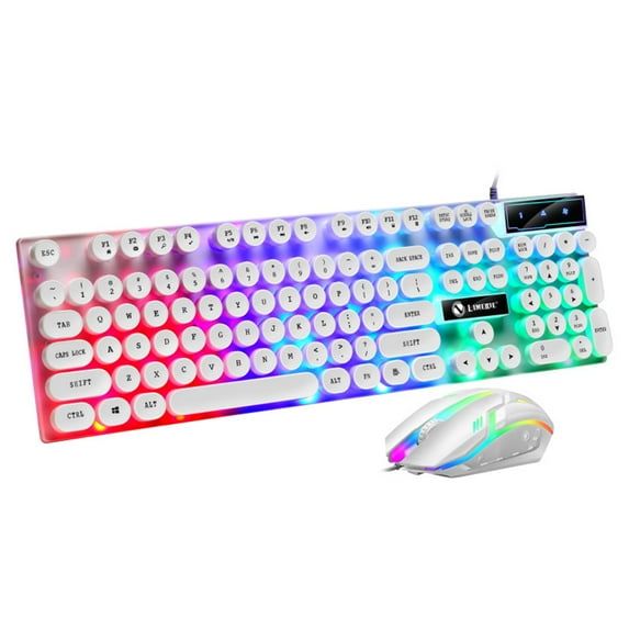 Typewriter Mechanical Gaming Keyboard Mouse Set, with Rainbow Light, 104 Keys Retro Round Keycap, Wired Typewriter Style Comfortable Typing Soud