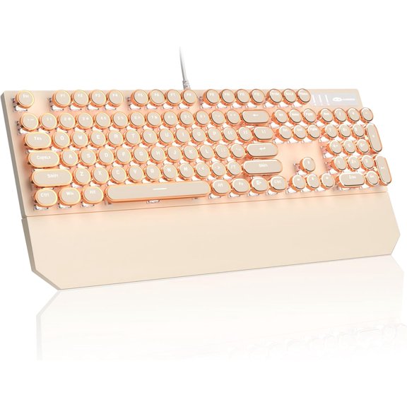 Typewriter Mechanical Gaming Keyboard, Retro Punk Purple Round Keycaps, 104 Keys LED White Backlit Wired Keyboards for Laptop MAC PC Gamer, with Magnetic Wrist Rest, Blue Switch