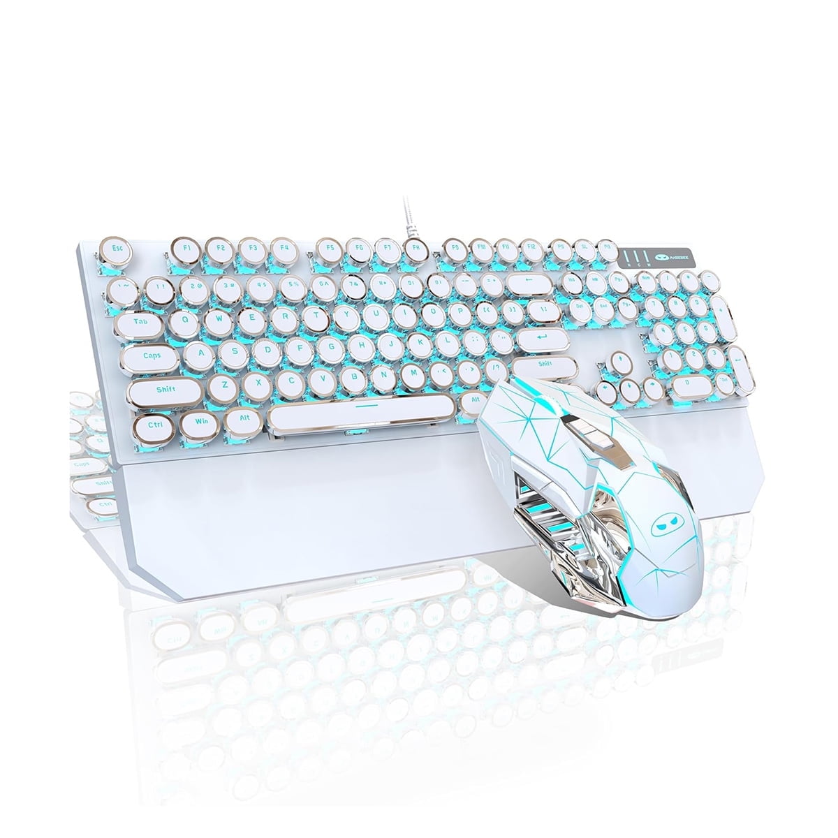 Typewriter Mechanical Gaming Keyboard and Mouse Combo, Retro Punk Round Keycaps RGB Rainbow Backlit Wired Keyboard for Game and Office