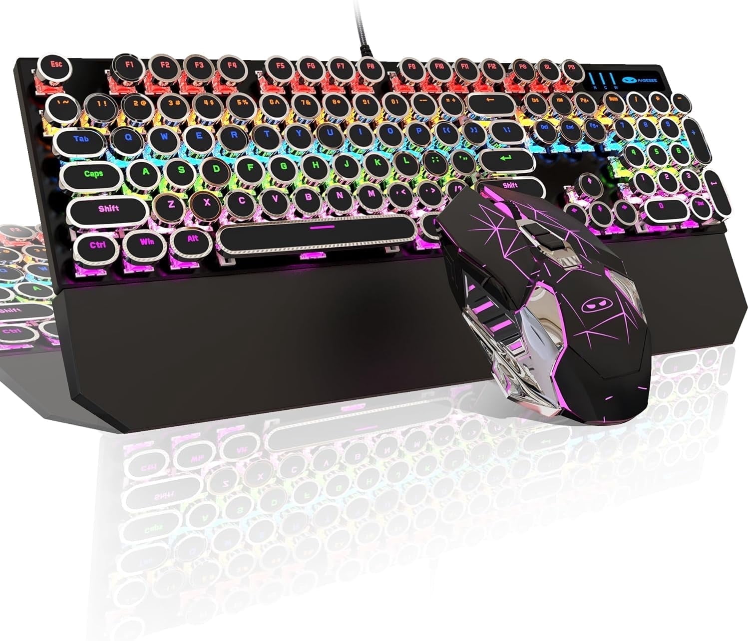 Typewriter Mechanical Gaming Keyboard and Mouse Combo, Retro Punk Round Keycaps Rgb Rainbow Backlit Wired Keyboard for Game and Office