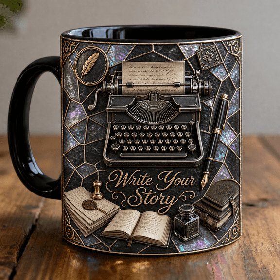 Typewriter Mug 3D Effect with Gold Script for Writers and Authors Coffee Gift
