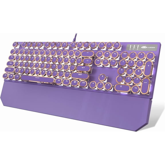 Typewriter Style Mechanical Gaming Keyboard, Purple Retro Punk Gaming Keyboard with White Backlit, 104 Blue Wired Cute Keyboards, Round Keycaps for //PC
