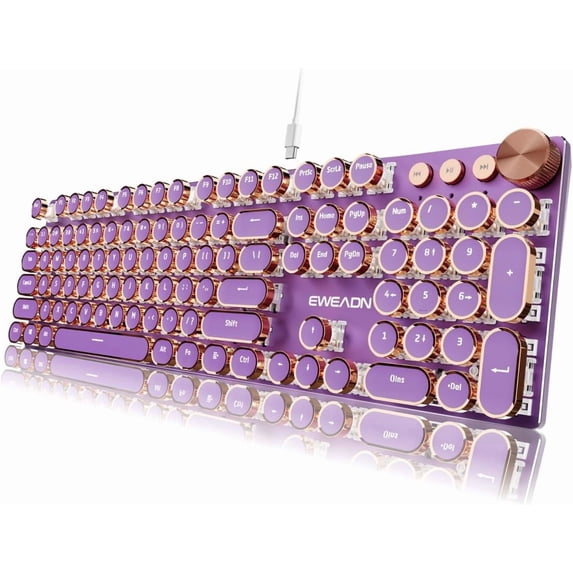 Typewriter Style Mechanical Keyboard, Wired Typewriter Keyboards,104 Keys Backlit LED Metal Keyboards, Media Control Knob, Wired Computer Keyboard Pink Switch for Windows/Mac/PC-Purple