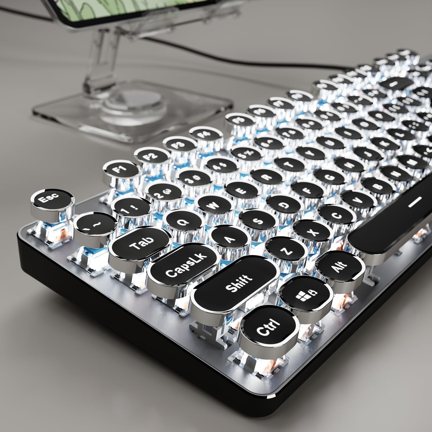 Typewriter Style Wired Mechanical Keyboard, 104 Keys Aesthetic Typewriter Keyboard with White Backlit, Anti-Ghosting, Blue Switch Wired Cute Keyboards