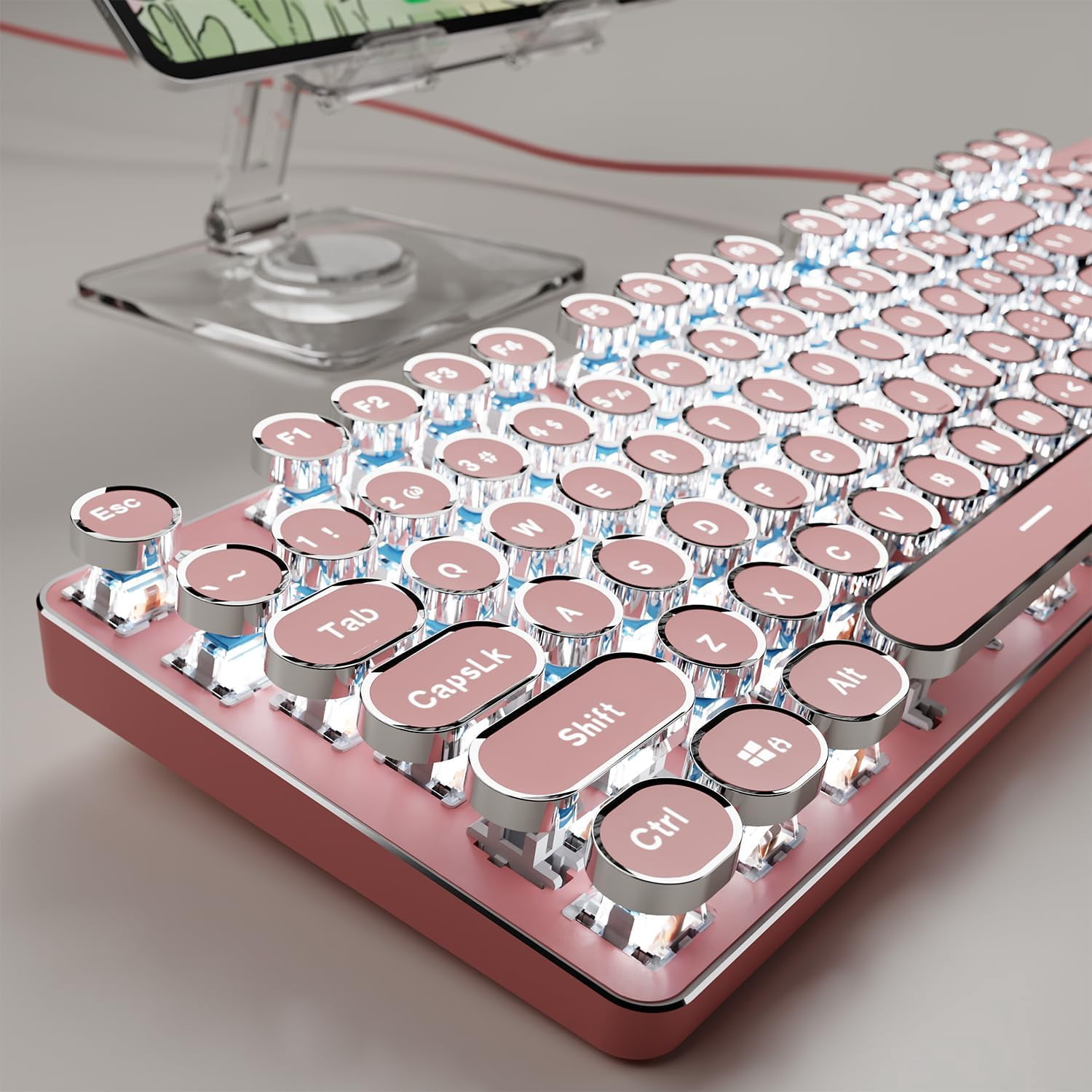 Typewriter Style Wired Mechanical Keyboard, 104 Keys Aesthetic Typewriter Keyboard with White Backlit, Anti-Ghosting, Blue Switch Wired Cute Keyboards