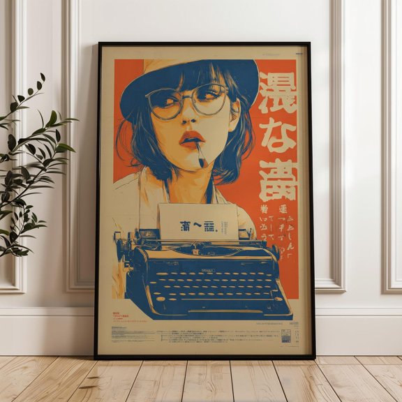 Typewriter Woman Portrait Wall Art Print Retro Home Decor