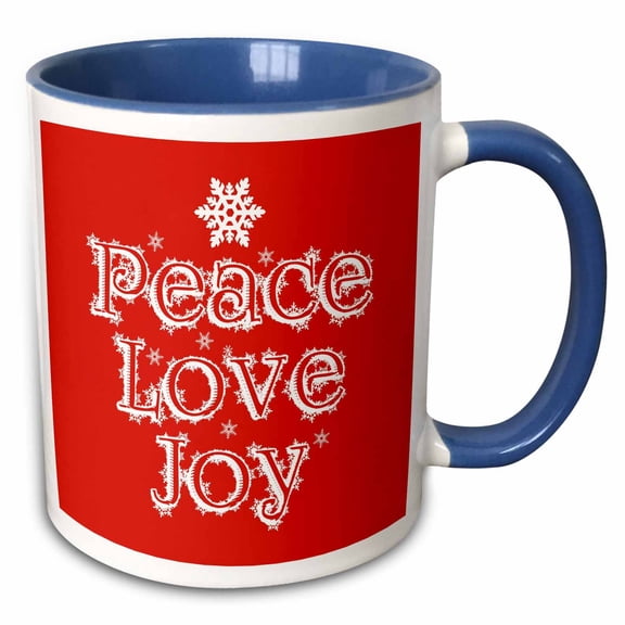 3drose, Typography Design- Peace Love Joy White Text on Red Background, 11oz Two-tone Blue Mug