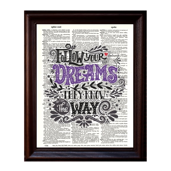Typography - Follow Your Dreams - Dictionary Art Print Printed On Authentic Vintage Dictionary Book Page - 8 x 10.5