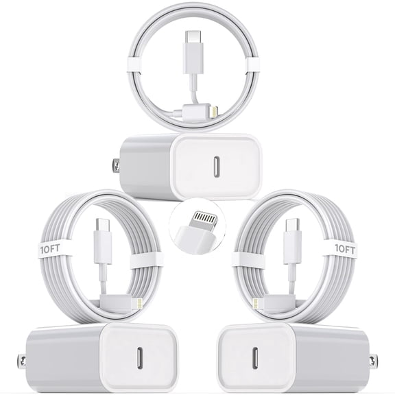 Typpkmm 10FT Fast Charging Cable Compatible with iPhone 14 13 12 11 Pro Max, 3-Pack USB C Charger Block, White