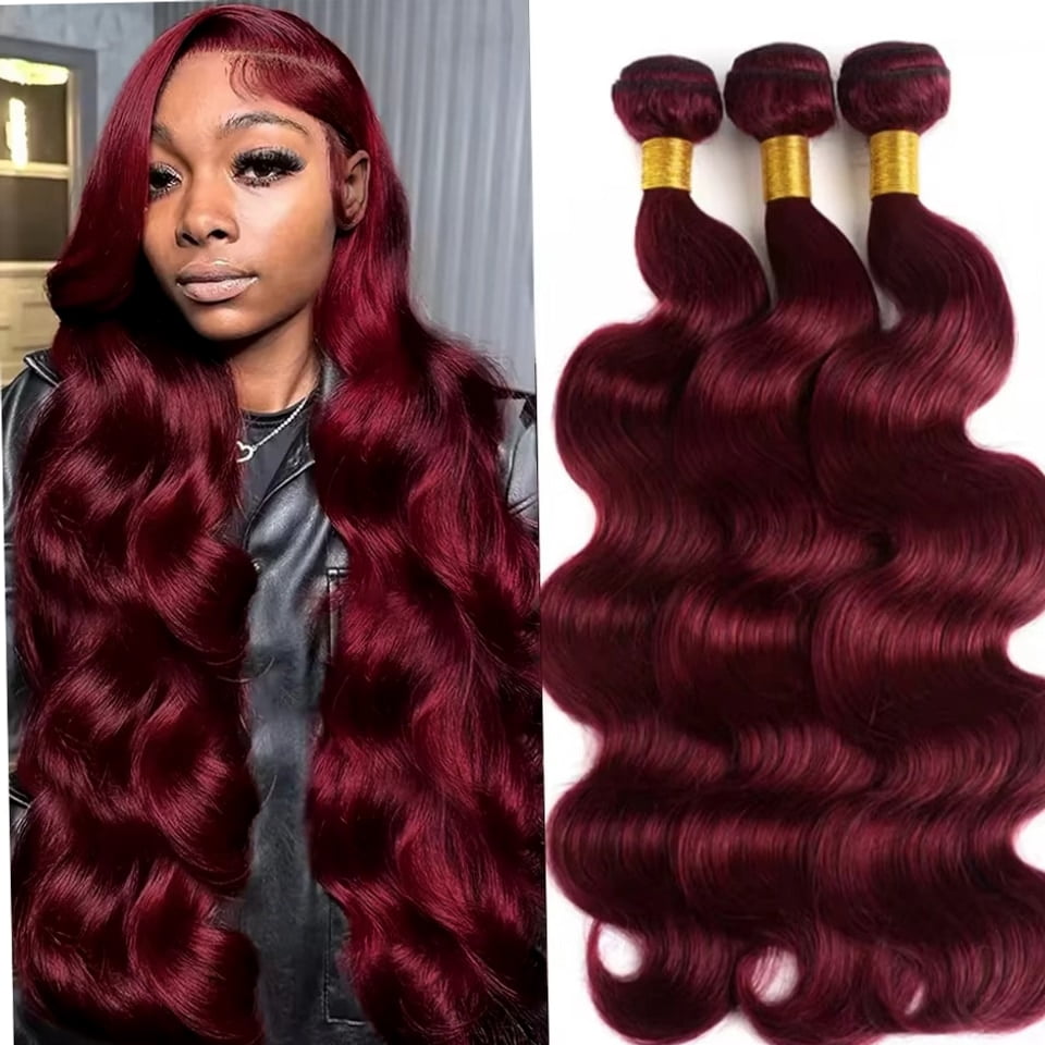 Typpkmm 16A Burgundy 99j Body Wave Bundles Colored Human Hair Bundles 1/3/ Brazilian Virgin Hair Weave Extension for Women 4 Pcs, Red