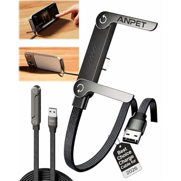 Typpkmm 240w Braided Fast Charge Cable with Built-In Phone Stand, 2-in-1 5ft, USB-A to Type-C