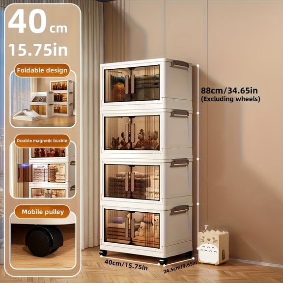 Typpkmm 4/5-Tier Heavy-Duty Plastic Folding Storage Cabinet with Lid - Foldable Stackable Shelving Unit, Wheeled Container