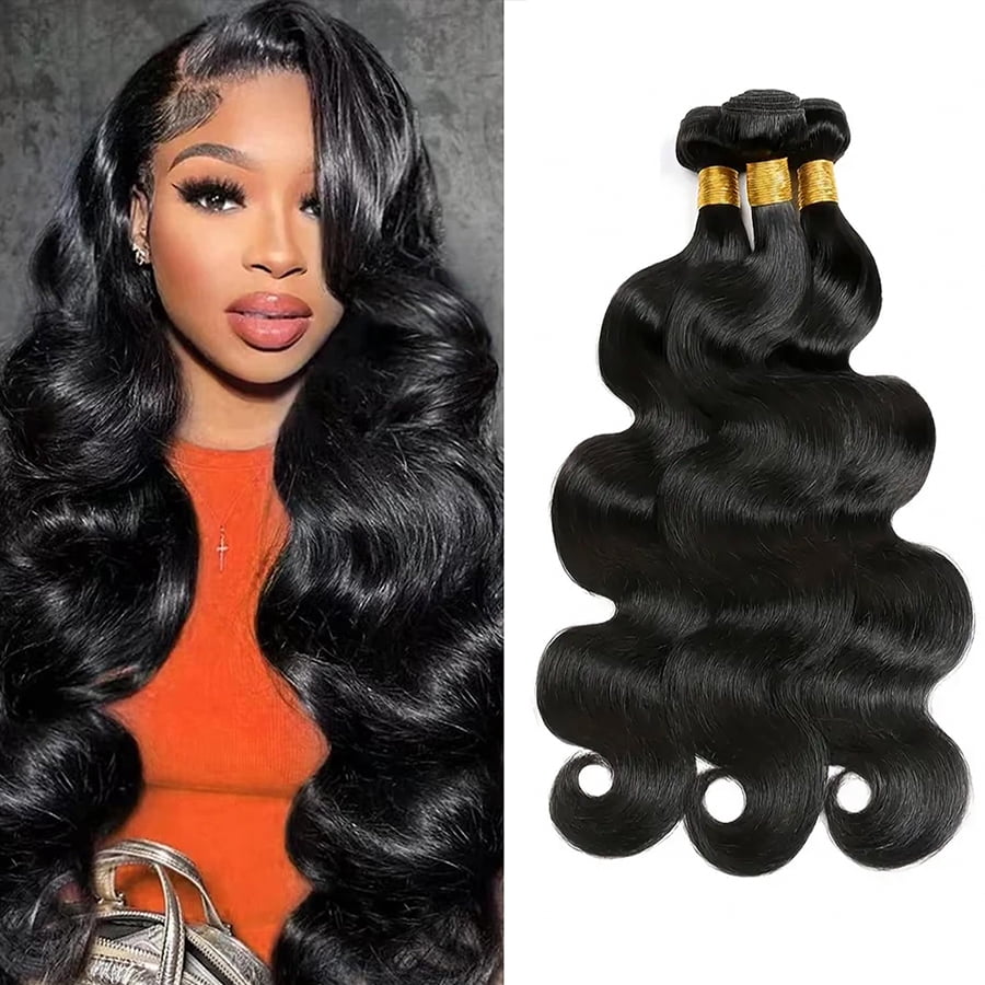 Typpkmm | Adjustable Body Wave Bundles Human Hair Brazilian Hair Weave Bundles Natural Human Hair Extensions Bundles 3 Pcs, Black