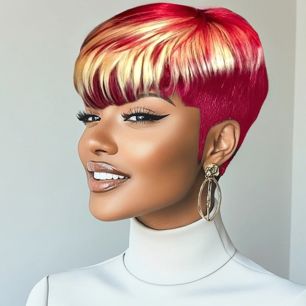 Typpkmm: Adjustable Pixie Cut Wigs for Women Brazilian Human Hair 99J 613 Short Wig with Bangs Layered Pixie Cut Wigs Full Machine Made Wig Red