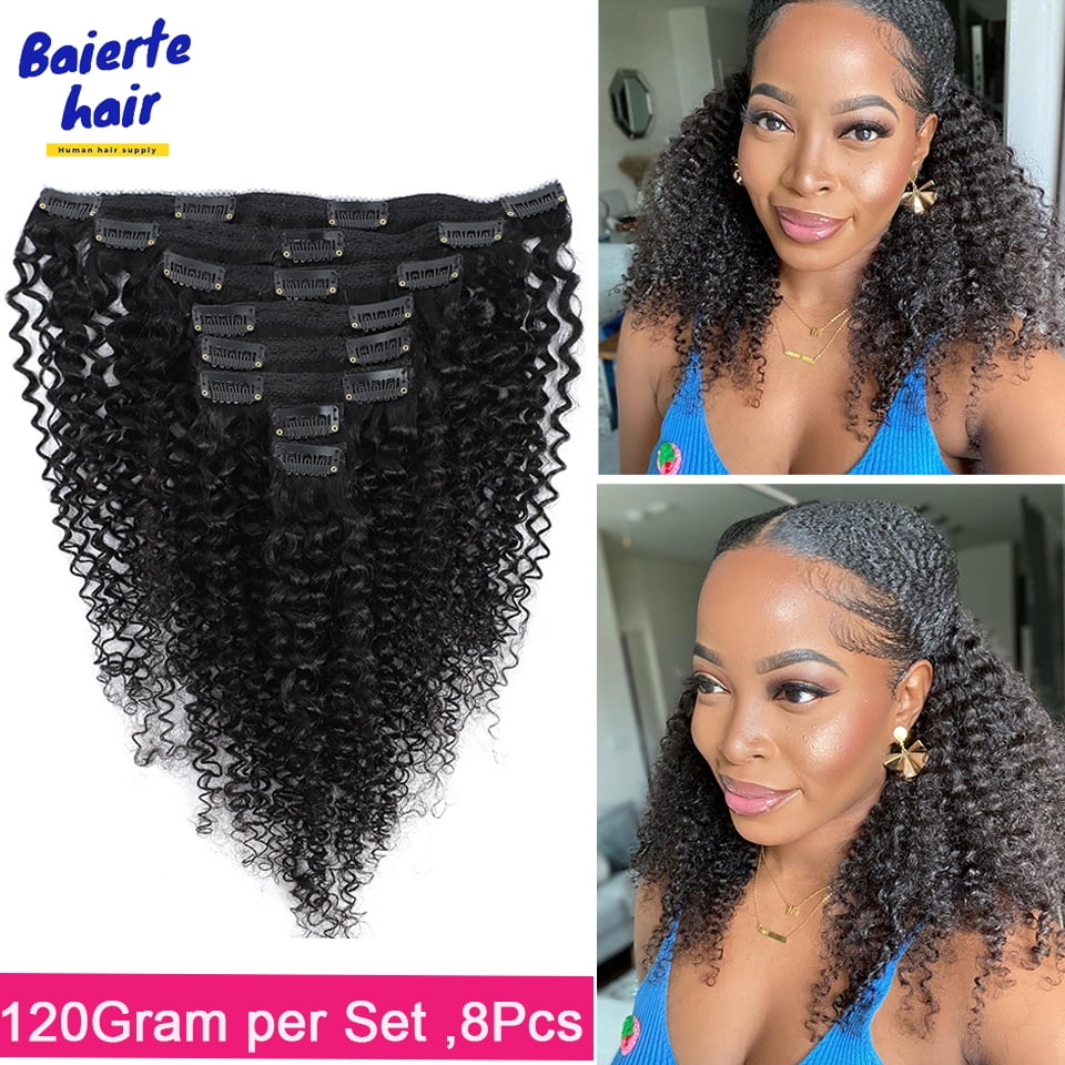 Typpkmm, Durable Kinky Curly Clip in Hair Extension Virgin Human Hair Bundle Weft Full Head 120g Clip 8 Pcs