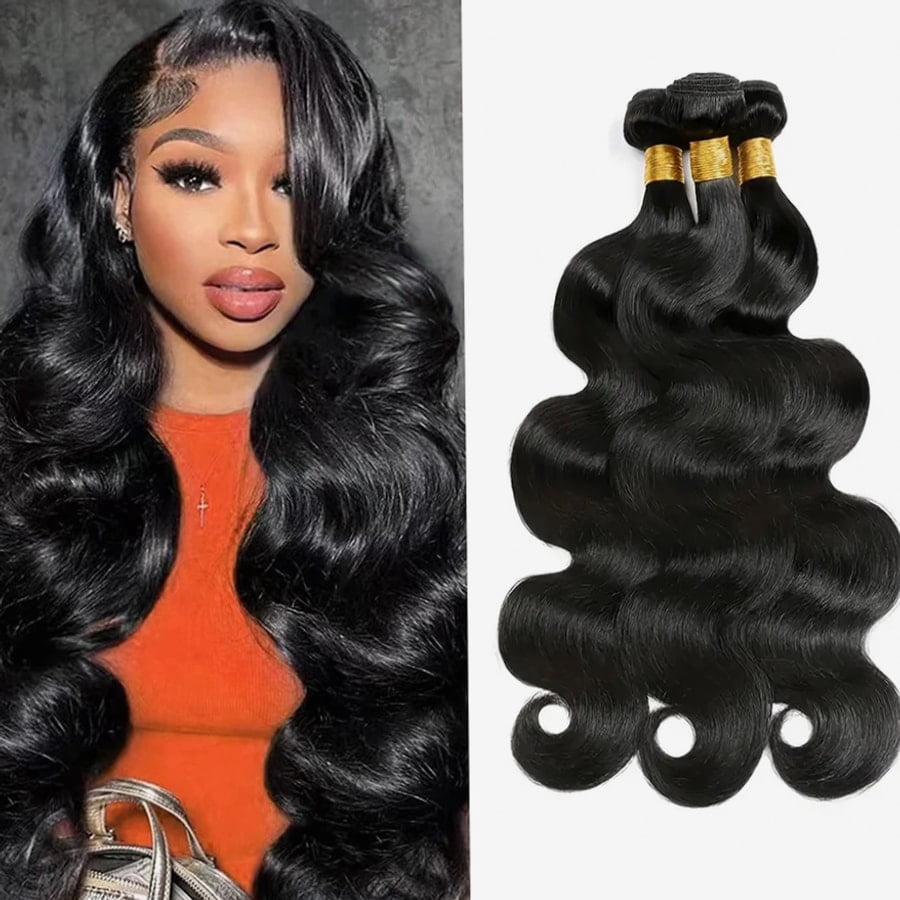 Typpkmm | Foldable Body Wave Bundles Human Hair Brazilian Hair Weave Bundles Natural Human Hair Extensions Bundles 3 Pcs, Black
