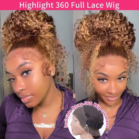 Typpkmm Highlight 360 Full Lace Wig Human Hair Pre Plucked HD Deep Wave Frontal Wig Invisible Drawstring Curly Human Hair Wigs 3032 Inch