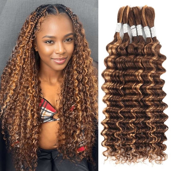 Typpkmm Human Braiding Hair for Boho Braids Deep Water Wave Bulk Human Hair for Braiding 15A Curly Human Hair Extensions 2 Bundles 110g, Highlight Color