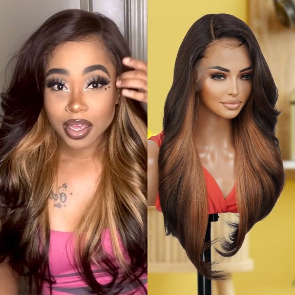 Typpkmm Human Hair Blend Lace Front Wig, Pre Plucked 13x6 Invisible HD Lace, Natural Neutral Shade, BALAYAGECHOCOLATE